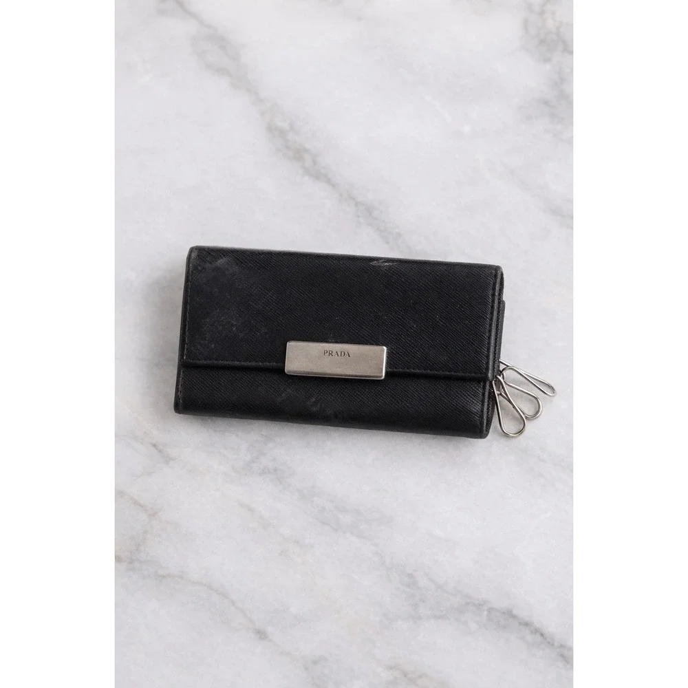 Prada Nero Black Tessuto Nylon 6 Key Holder Women OS Good Logo Plaque‎